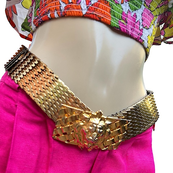 Vintage 90s Gold Lion Head Statement Belt Wide Mesh Metal Waist Cincher 1994 - Picture 1 of 11